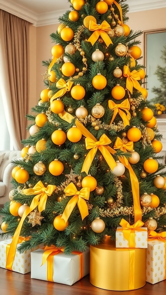 Yellow Christmas Tree Decoration Ideas A Christmas tree decorated with yellow ornaments and ribbons, illuminated by golden lights, surrounded by gifts.